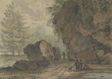 Large rock formation by a puddle. which depicts several standing and seated figures. Creator: Allart van Everdingen