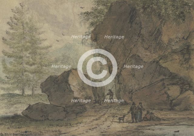 Large rock formation by a puddle. which depicts several standing and seated figures. Creator: Allart van Everdingen.
