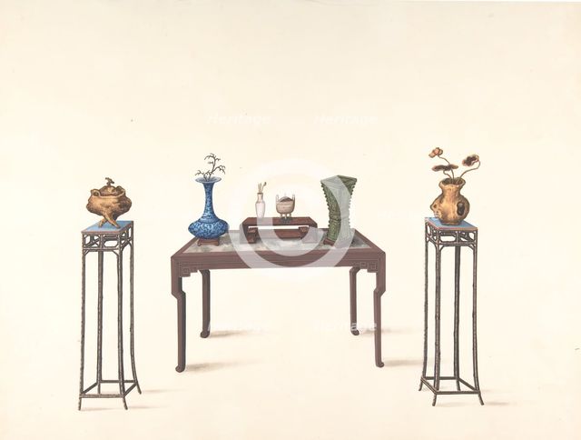 Large Table and Two Small Higher Ones with Vases, 19th century. Creator: Anon.