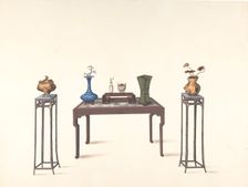 Large Table and Two Small Higher Ones with Vases, 19th century. Creator: Anon