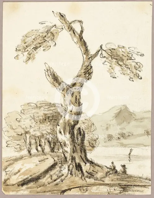 Large Tree with Lake and Mountains in Background, n.d. Creator: Thomas Barker.
