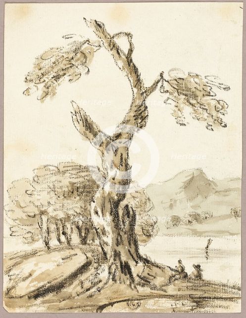 Large Tree with Lake and Mountains in Background, n.d. Creator: Thomas Barker.
