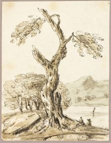Large Tree with Lake and Mountains in Background, n.d. Creator: Thomas Barker