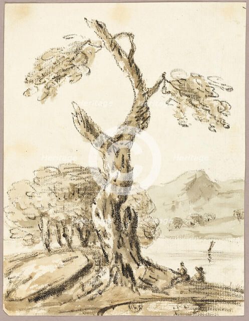 Large Tree with Lake and Mountains in Background, n.d. Creator: Thomas Barker.