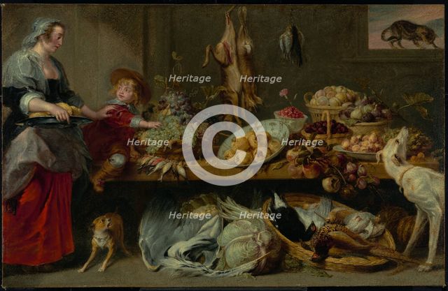 Larder Still Life with Housekeeper and Young Boy, 1636-1638.  Creators: Frans Snyders, Workshop of Peter Paul Rubens, Workshop of Frans Snijders.
