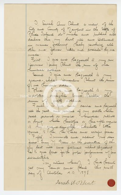 Last will and testament of Sarah Ann Blunt Crozley, October 1898. Creator: Sarah Ann Blunt Crozley.