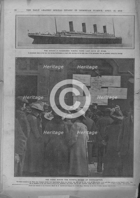 'Last Look at Home', and 'The Fateful Board at Southampton', April 20, 1912. Creator: Unknown.