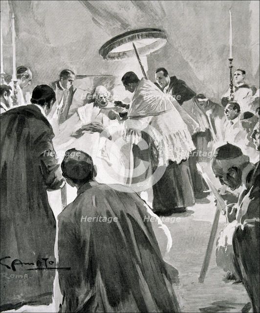 Last Sacraments administered to Pope Leon XIII' engraving in the 'Ilustración española y americana'.