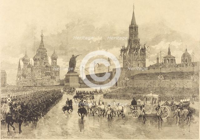 Le Couronnement du Tzar. Le Cortège imperiale traverse la Place Royale, 1883. Creator: Auguste Lepere.