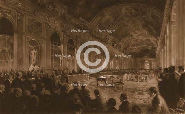 'Le congres de la paix dans la galerie des glaces du chateau de Versailles; M. Clemenceau..., 1919. Creator: Unknown.