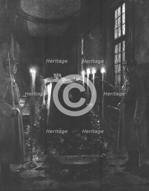 'Le cercueil du general Gallieni aux Invalides; La veillee dans la chapelle Napoleon', 1916. Creator: J Simont.