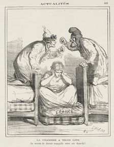 Le chambre à trois lits -Le moyen de dormir tranquille entre ces deux-là!, 1871. Creator: Cham