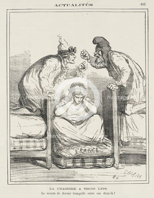 Le chambre à trois lits -Le moyen de dormir tranquille entre ces deux-là!, 1871. Creator: Cham.