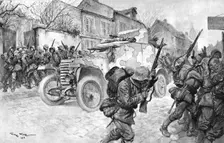 Le bolide qui passe; une auto-mitrailleuse de cavalerie francaise regagne nos lignes..., 1918. Creator: Georges Bertin Scott
