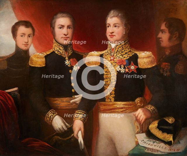 Le général Léopold Hugo avec deux de ses frères et son fils Abel en uniforme de la..., c.1825. Creator: Julie Hugo.