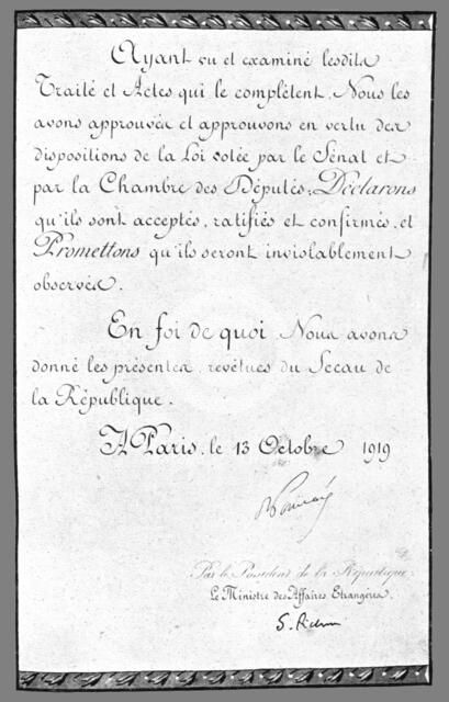 'Le document de Versailles; signatures de MM Raymond Poincare et Pichon', 1919. Creator: Unknown.