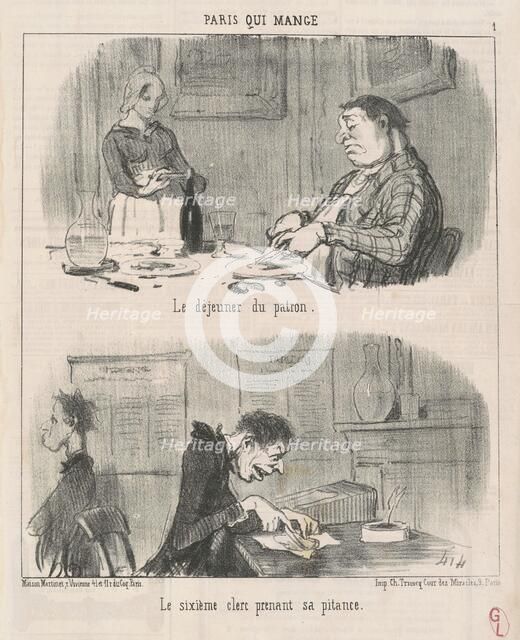 Le déjeuner du patron; le sixiéme clerc prenant sa pitance, 19th century. Creator: Honore Daumier.