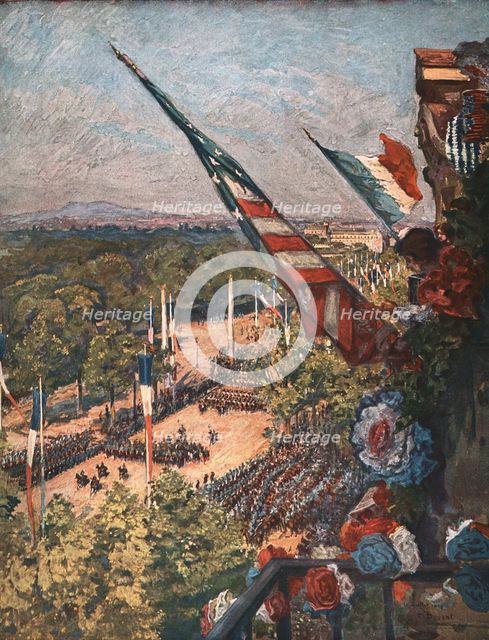 'Le jour de gloire; Depart du Defile Triomphal, Avenue de la Grande-Armee', 1919. Creator: Charles-Jules Duvent.
