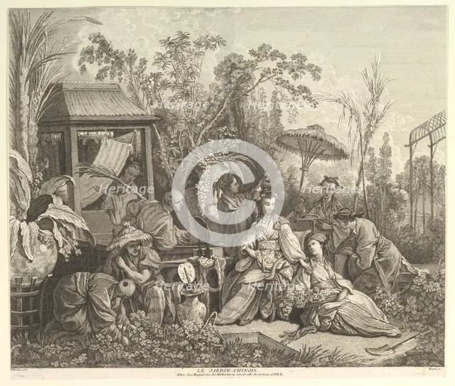 Le Jardin Chinoise (The Chinese Garden), from Chinoiseries, after 1743. Creator: Jacques Gabriel Huquier.