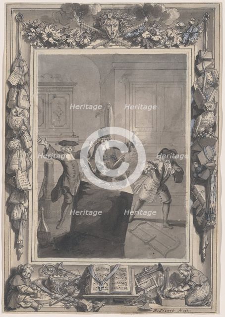 Le Lutrin: A Night Scene with Boirude, Brontin, and L'Amour Surprised by an Owl Flying..., c. 1718. Creators: Bernard Picart, Nicolas Boileau Despreaux.