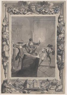Le Lutrin: A Night Scene with Boirude, Brontin, and L'Amour Surprised by an Owl Flying..., c. 1718. Creators: Bernard Picart, Nicolas Boileau Despreaux