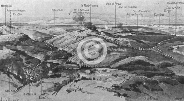 'Le Mort-Homme ( 9 avril 1916); et le panarama qui s'etend de Montfaucon a la rive gauche..., 1916. Creator: Unknown.