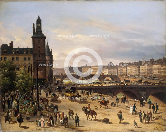 Le marché aux fleurs, la Tour de l'Horloge, le Pont au Change et le Pont-Neuf, 1832. Creator: Canella, Giuseppe, the Elder (1788-1847).