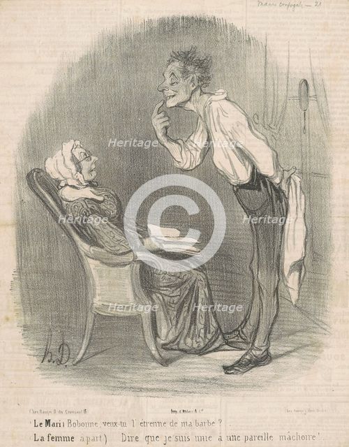 Le mari. Bobonne veux-tu l'étrenne de ma barbe?, 19th century. Creator: Honore Daumier.