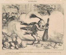 Le sauvage Bineau ayant enfin trouvé à utiliser sa massue sur les boulevards..., 1850. Creator: Honore Daumier
