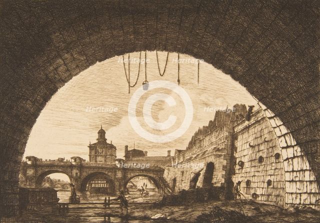 Le Pont-neuf et la Samaritaine de dessous la première arche du Pont-au-Change (Pont-neuf..., 1855. Creator: Charles Meryon.
