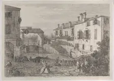 Le porte del Dolo: the oval basin of the locks at Dolo, with a barge moored to the quay..., 1735-46. Creator: Canaletto