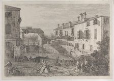 Le porte del Dolo: the oval basin of the locks at Dolo, with a barge moored to the quay..., 1735-46. Creator: Canaletto