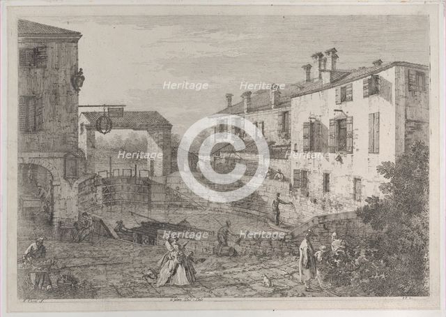 Le porte del Dolo: the oval basin of the locks at Dolo, with a barge moored to the quay..., 1735-46. Creator: Canaletto.
