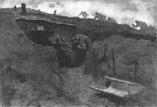Le poste de secours; un brancardier apporte sur son dos un blesse, tandis que des..., 1916. Creator: Georges Leroux