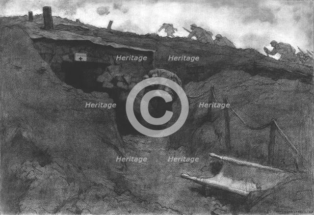 'Le poste de secours; un brancardier apporte sur son dos un blesse, tandis que des..., 1916. Creator: Georges Leroux.