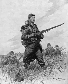'Le Pays Sauve: Redressement; Et Maintenant, face a l'ennemi , 1914. Creator: Georges Bertin Scott