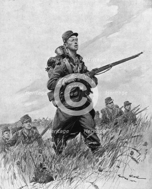 ''Le Pays Sauve: Redressement; Et Maintenant, face a l'ennemi ', 1914. Creator: Georges Bertin Scott.