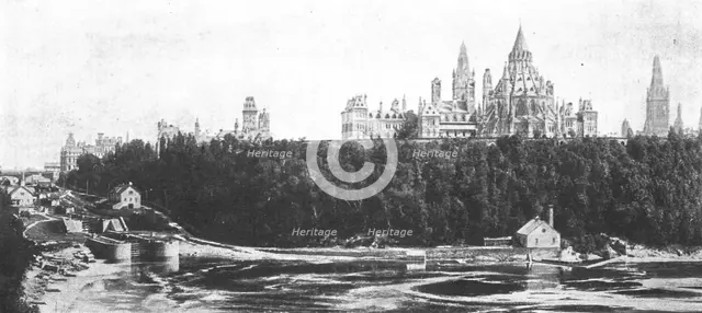 ''Le Palais du Parlement Canadien a Ottawa.- Vue d'ensemble des batiments dominant la riviere.',1916 Creator: Unknown.