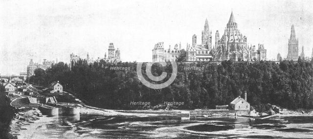 ''Le Palais du Parlement Canadien a Ottawa.- Vue d'ensemble des batiments dominant la riviere.',1916 Creator: Unknown.