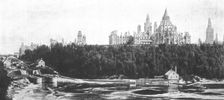 'Le Palais du Parlement Canadien a Ottawa.- Vue d'ensemble des batiments dominant la riviere. 1916 Creator: Unknown