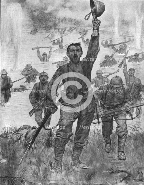 'Le passage a gue de l'Isonzo par l'infanterie Italienne', 1916. Creator: J Simont.