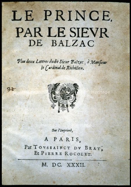 'Le Prince, par le sieur' cover of this 1632 work. Creator: Balzac, Jean Louis Guez de (1597 - 1654).