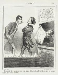 Le public des avant scènes craignant d'être atteint par la scène de provocation des deux soeurs,1865 Creator: Cham