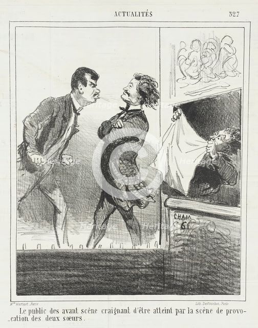 Le public des avant scènes craignant d'être atteint par la scène de provocation des deux soeurs,1865 Creator: Cham.