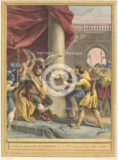 Le roi, le milan, et le chasseur (The King, the Kite, and the Hunter), published 1759. Creator: Benoit-Louis Prevost.