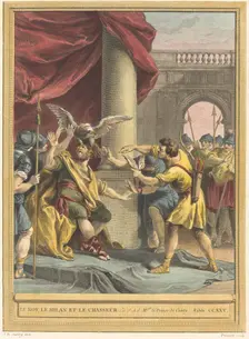 Le roi, le milan, et le chasseur (The King, the Kite, and the Hunter), published 1759. Creator: Benoit-Louis Prevost