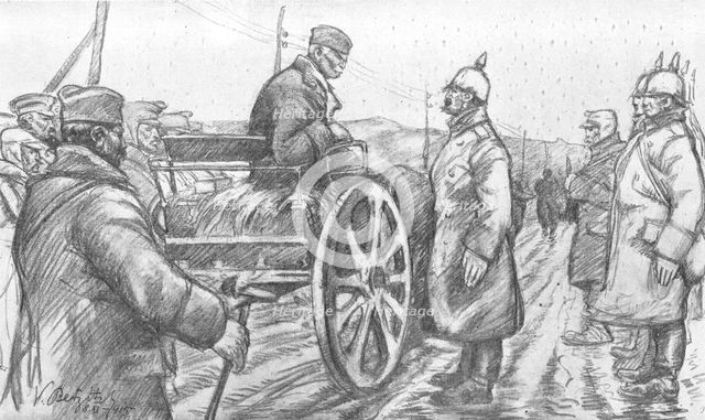 'Le roi Pierre, quittant la Vieille-Serbie, interroge des prisonniers allemands qu'il..., 1916. Creator: Vladimir Betzitch.