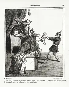 Le roi Salomon, lui -même, sur le point de donner sa langue aux chiens, faute de pouvoir..., 1864. Creator: Cham