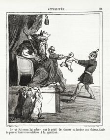 Le roi Salomon, lui -même, sur le point de donner sa langue aux chiens, faute de pouvoir..., 1864. Creator: Cham