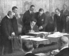 Le retour a la paix; M Stamboulinsky, plenipotentiaire du royaume de Bulgarie, signant..., 1919. Creator: Henri Manuel